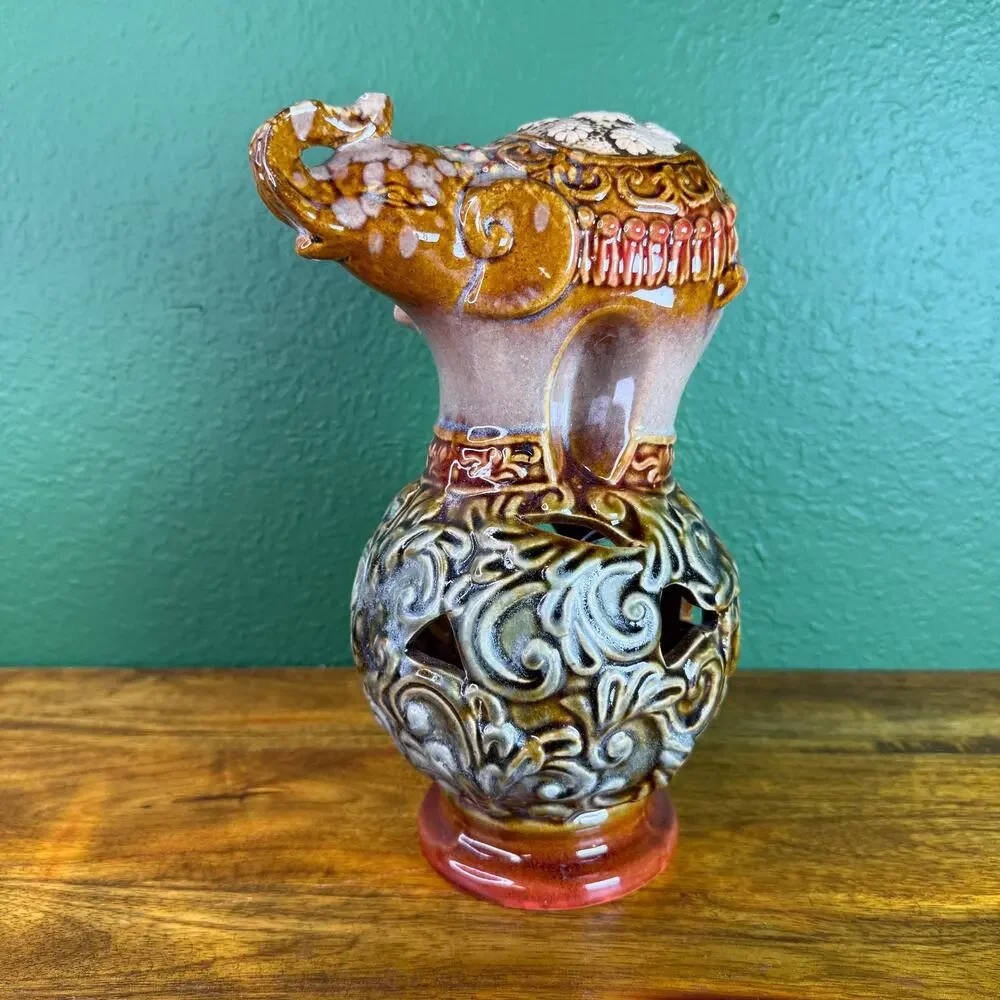 Vintage Elephant Figurine Satsuma Style Japanese Pottery Mini Statue.